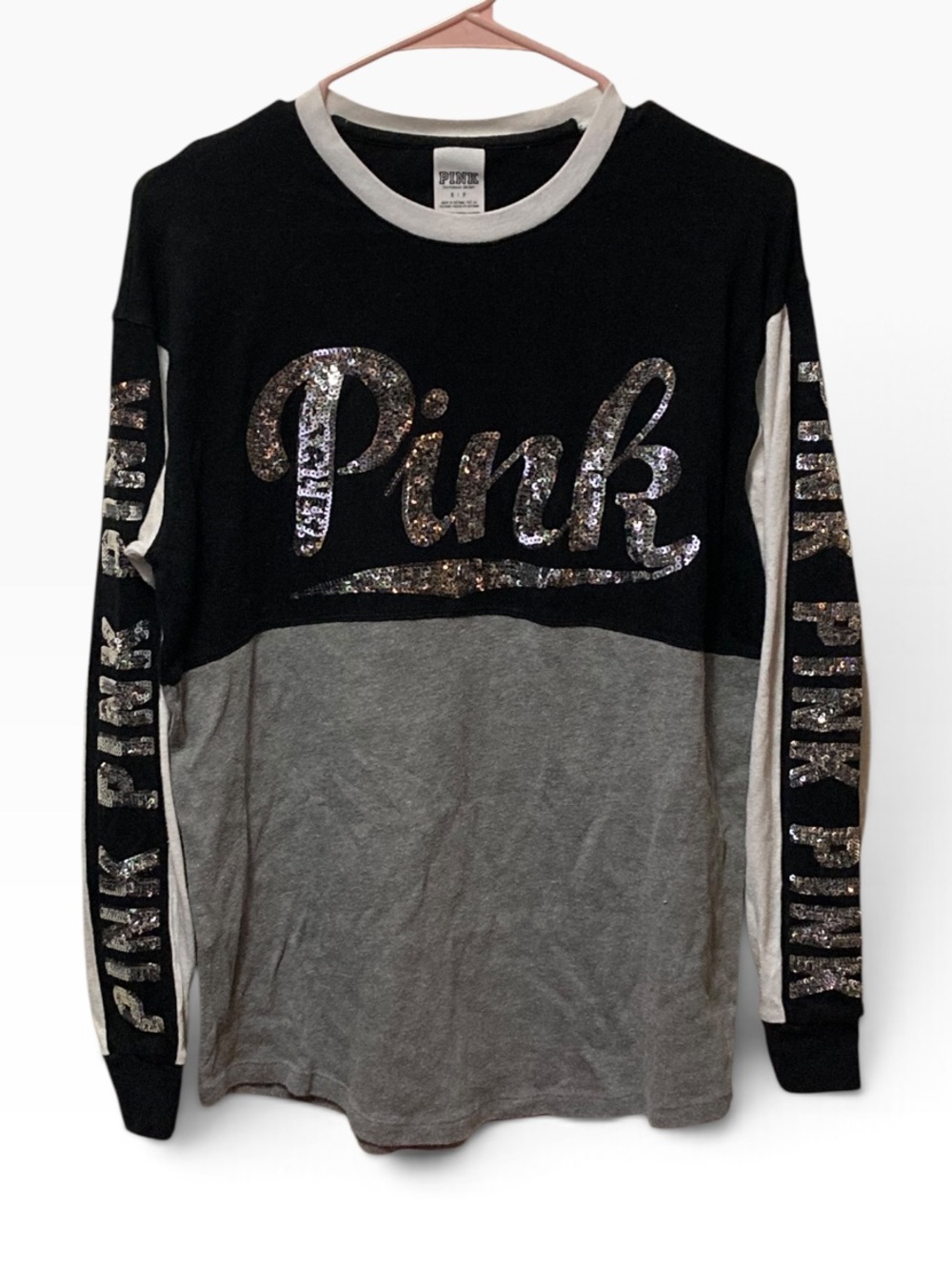 PINK Victoria's Secret Black & Gray Sequin Logo Long-Sleeve Tee